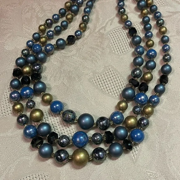 VTG Boho Retro Blue and Gold Beaded Multi-stranded Costume Jewelry Necklace - Picture 2 of 6